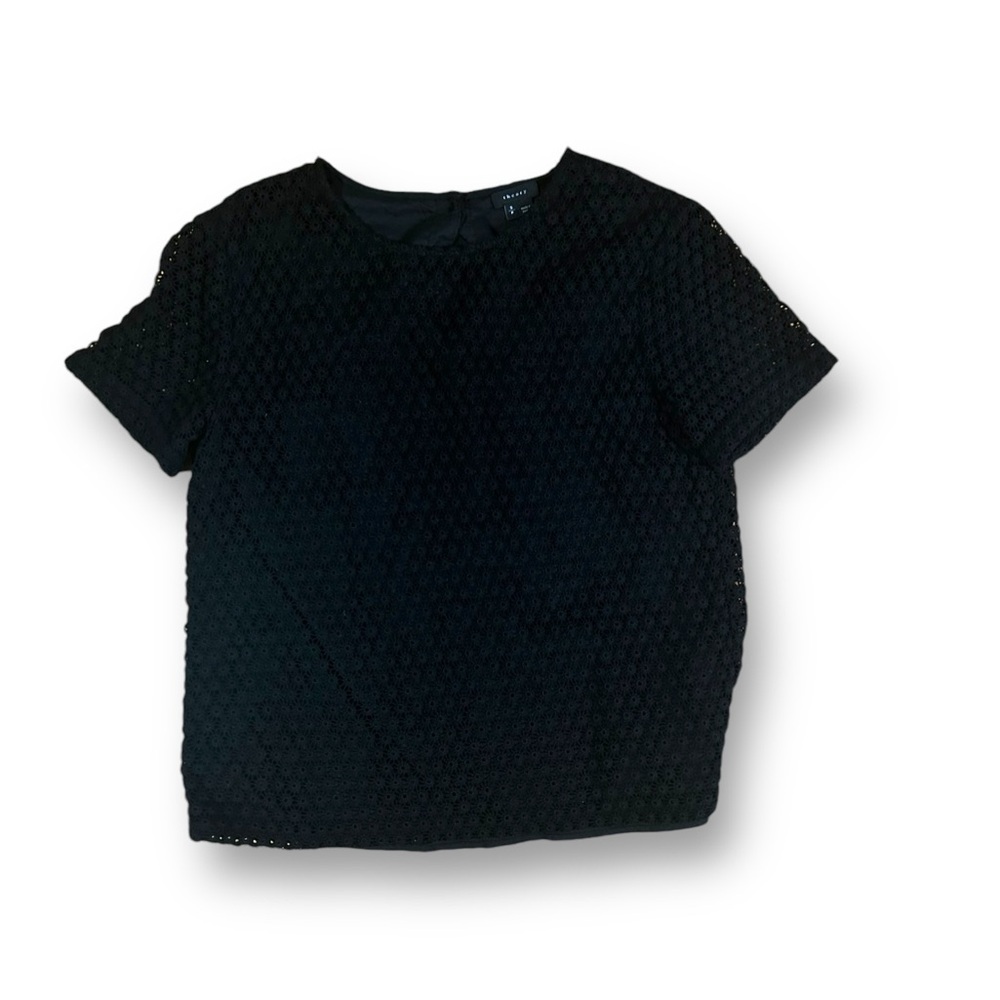 Theory Floral Eyelet Short Sleeve Back Button Blouse Branna‎ Black Size Small